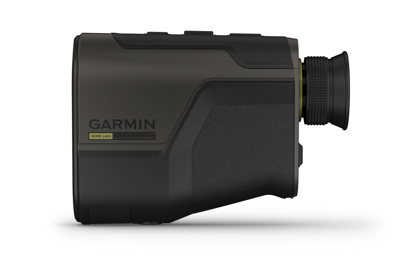 Garmin Xero L60i laser rangefinder, side view, dark brown/black body with Garmin branding