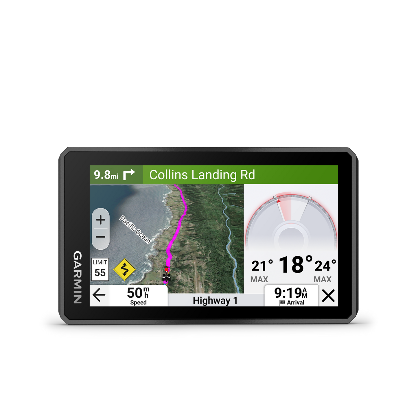 Garmin Zumo XT3 motorcycle GPS navigator with 4.7-inch display and rugged black frame showing coastal map