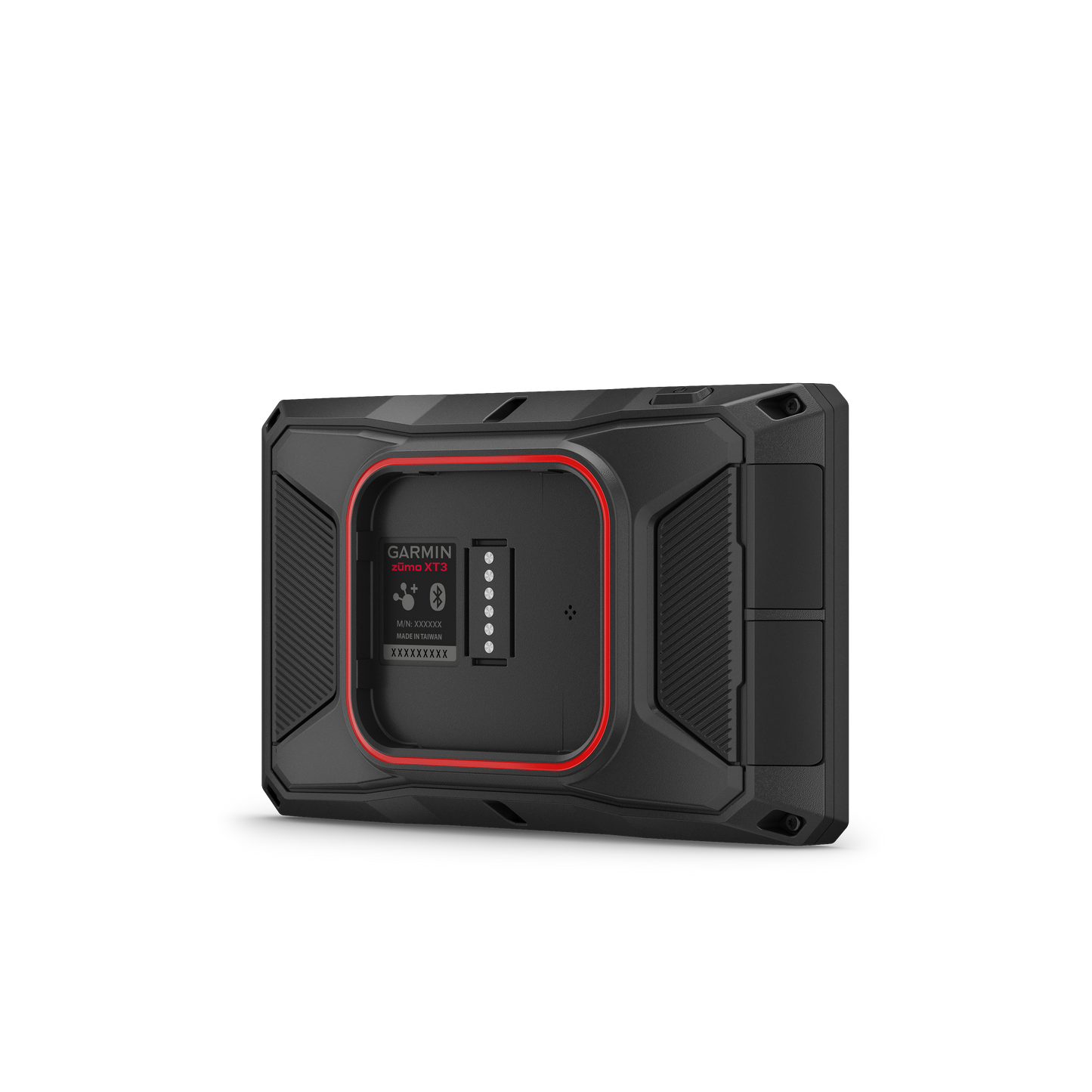 Garmin Zumo XT3 motorcycle GPS navigator with rugged black housing and red accent ring