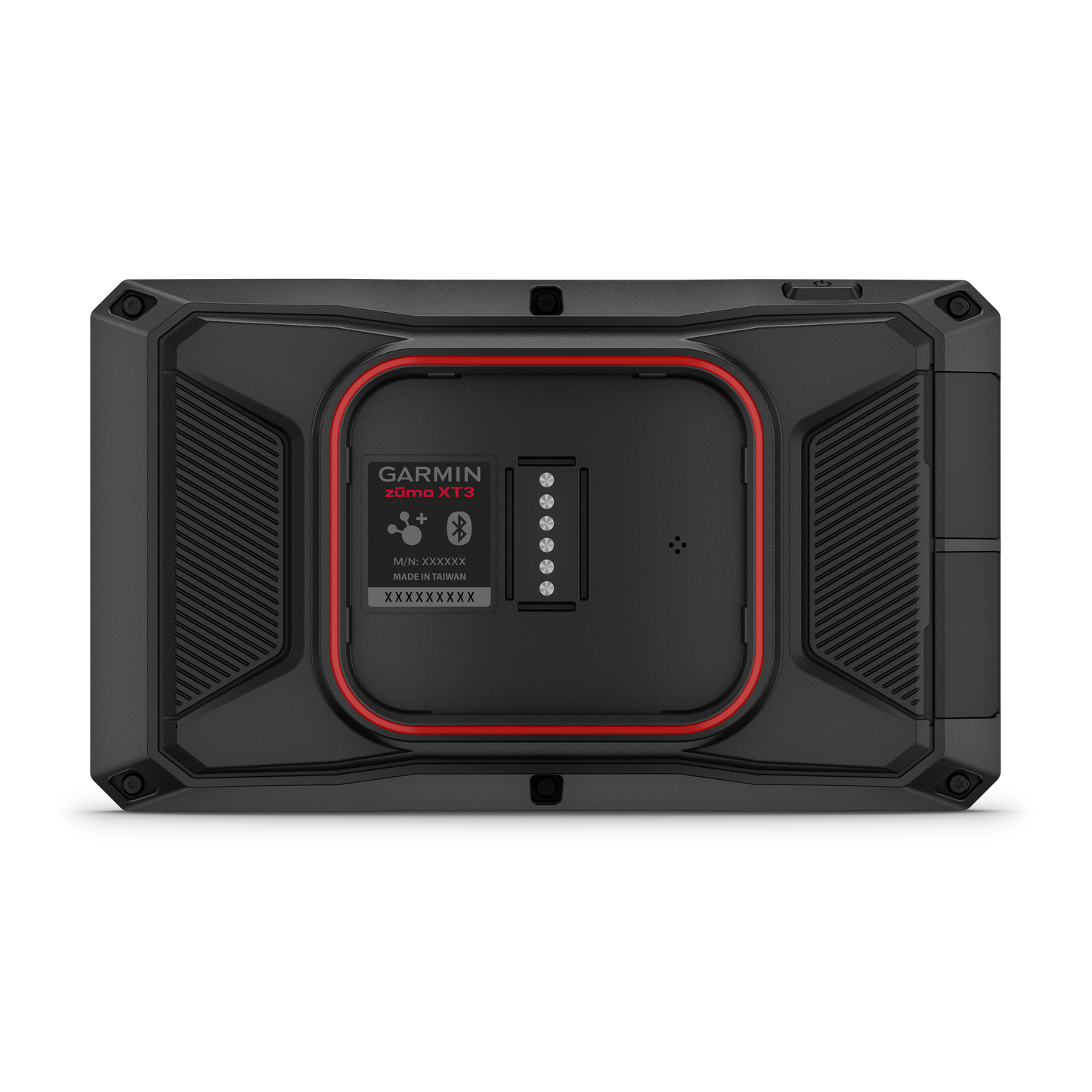 Garmin Zumo XT3 motorcycle GPS navigator, rugged black case with red accent ring