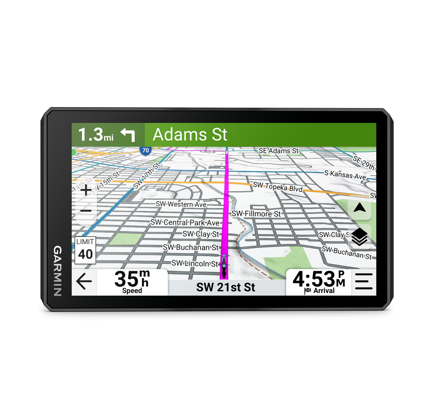 Garmin Zumo XT3 motorcycle GPS navigator with rugged design and 6-inch display showing Adams St route