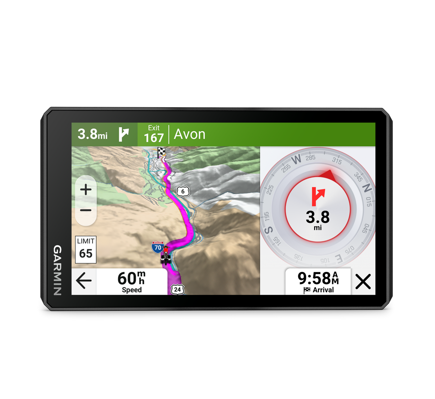 Garmin Zumo XT3 rugged motorcycle GPS navigator with 6-inch touchscreen displaying route map and compass