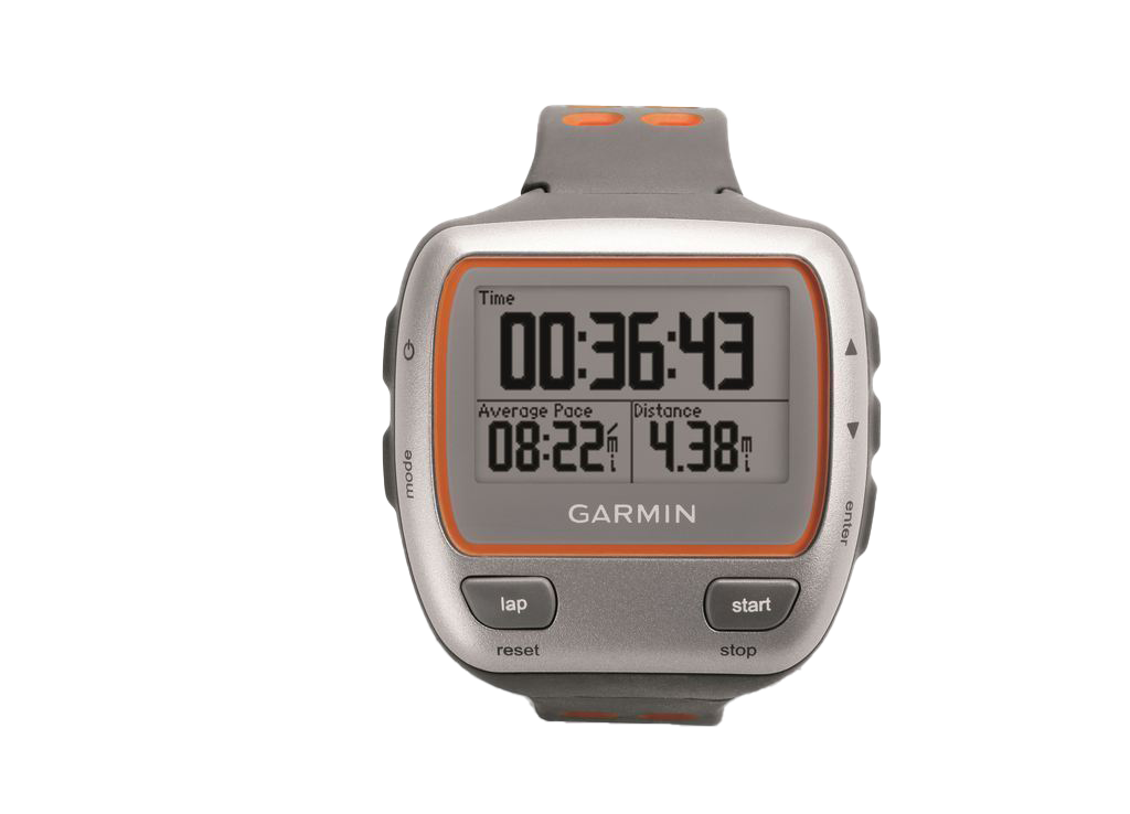 Garmin Forerunner 310XT GPS smartwatch, gray case with orange accents.