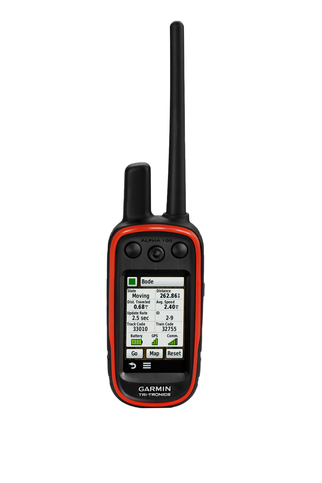 Garmin Alpha 100 handheld dog-tracking device with red frame and long antenna