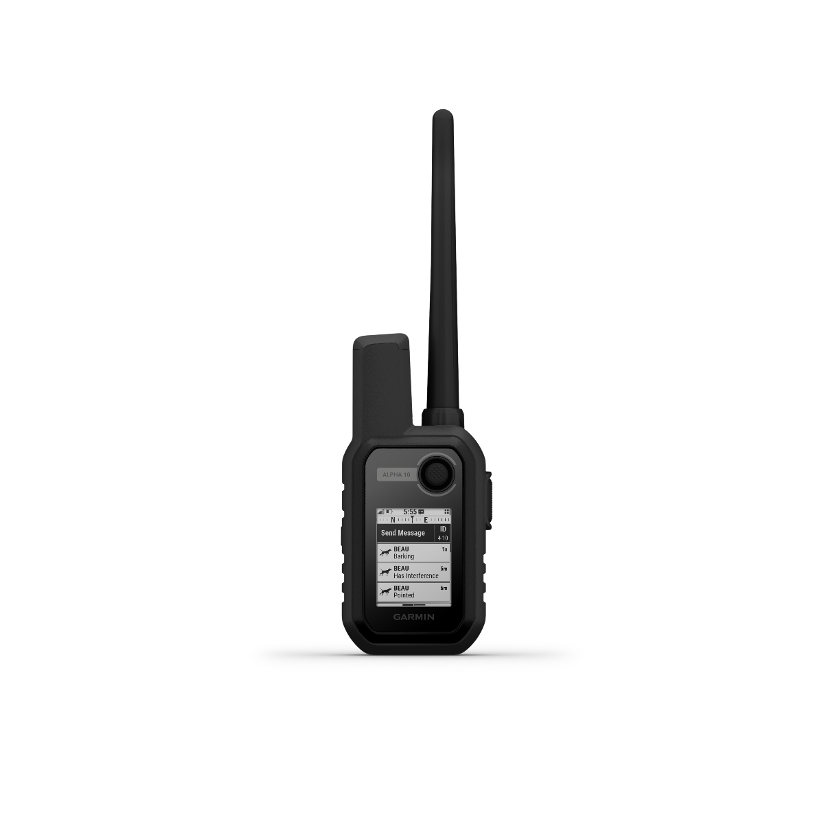 Garmin Alpha 10 handheld dog-tracking device with long antenna, black rugged unit.