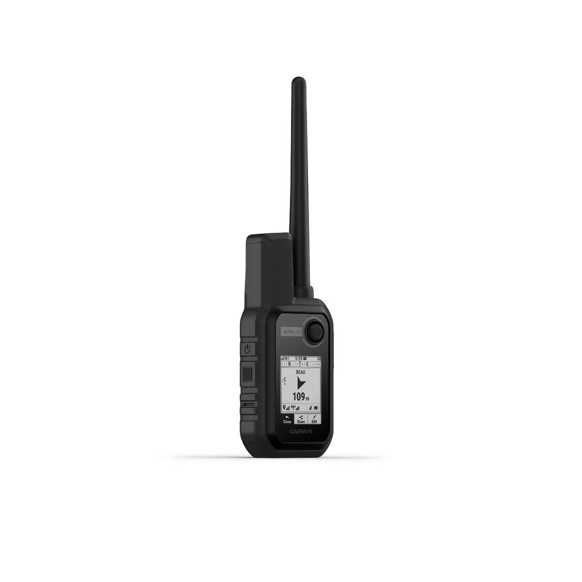 Garmin Alpha 10 handheld dog-tracking device with long antenna, black.