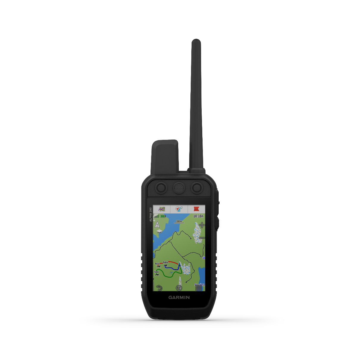 Garmin Alpha 200 handheld GPS dog-tracking device with long antenna and map display, black