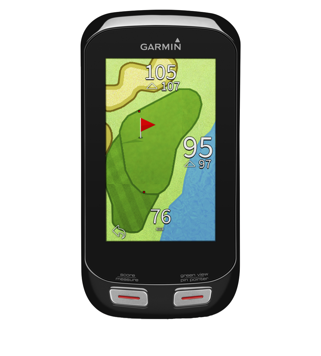 Garmin Approach G8 golf GPS device with built-in rangefinder; black handheld with color map display