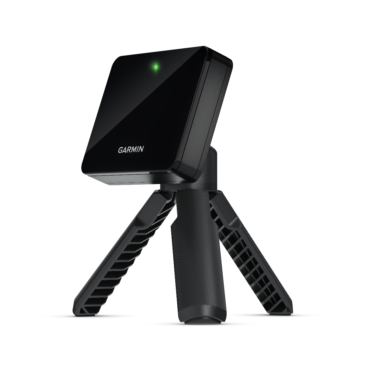 Garmin Approach R10 golf swing trainer on a black tripod with glossy front panel and green status LED