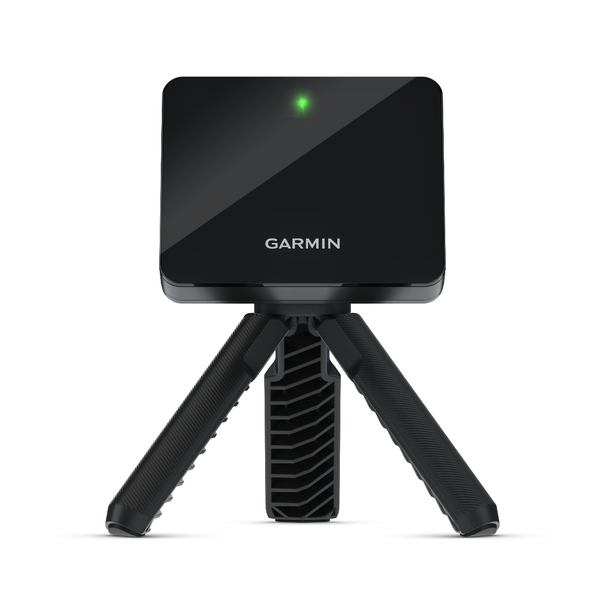 Garmin Approach R10 golf swing trainer on compact tripod, black square device with green LED