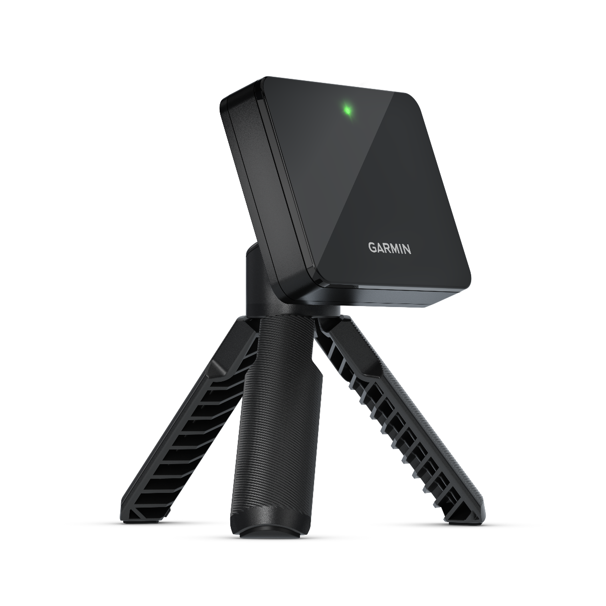 Garmin Approach R10 golf swing trainer on a black tripod stand.