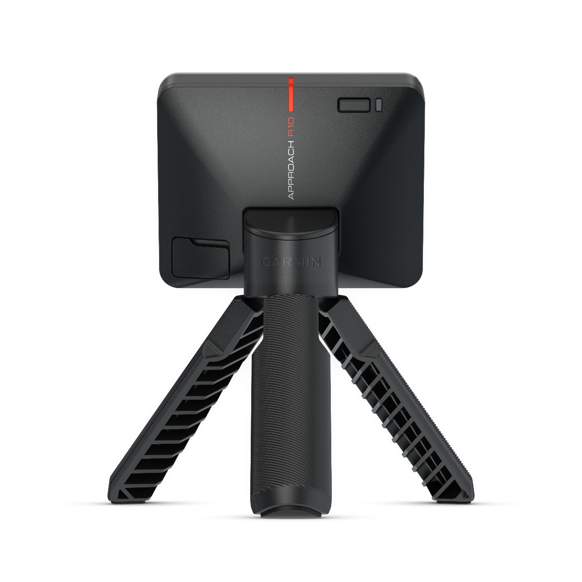 Garmin Approach R10 golf launch monitor on black tripod stand