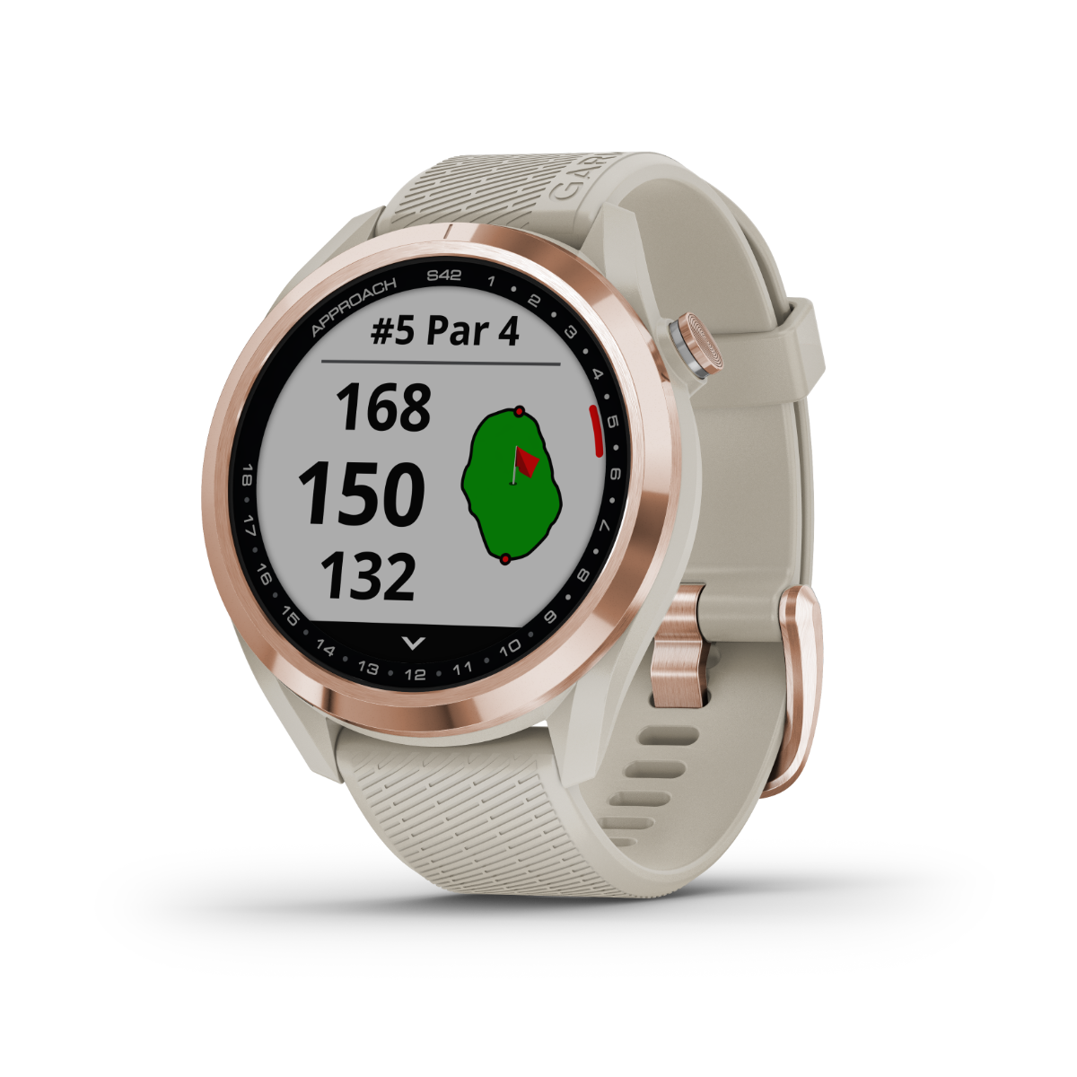 Garmin Approach S42 smartwatch with rose gold case and light sand band, golf GPS & rangefinder