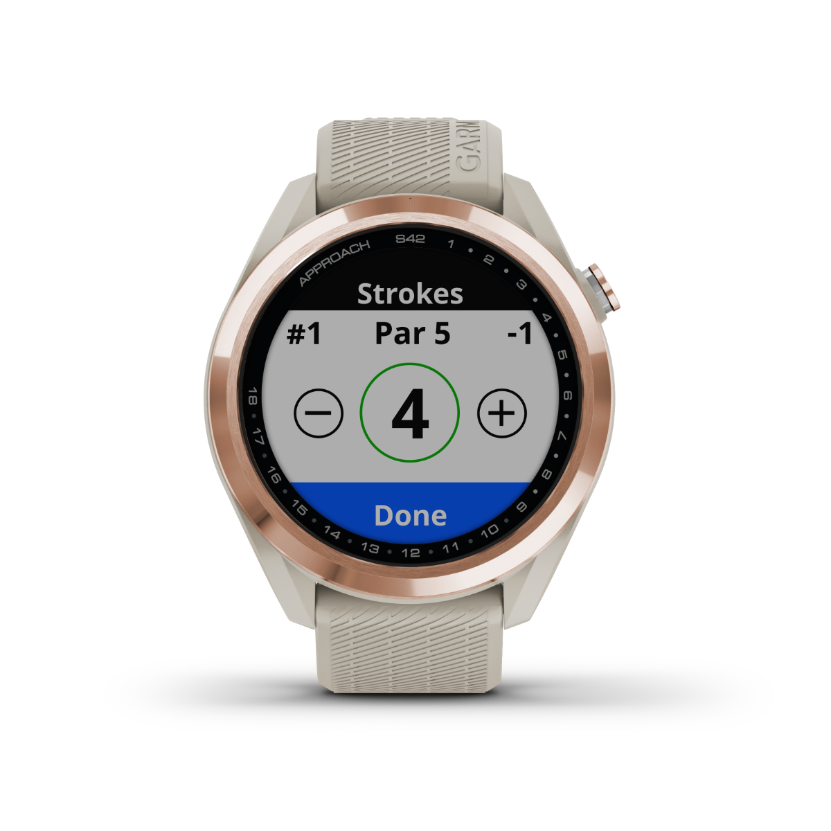 Garmin Approach S42 golf smartwatch in rose gold with light sand band, showing golf stroke score interface.