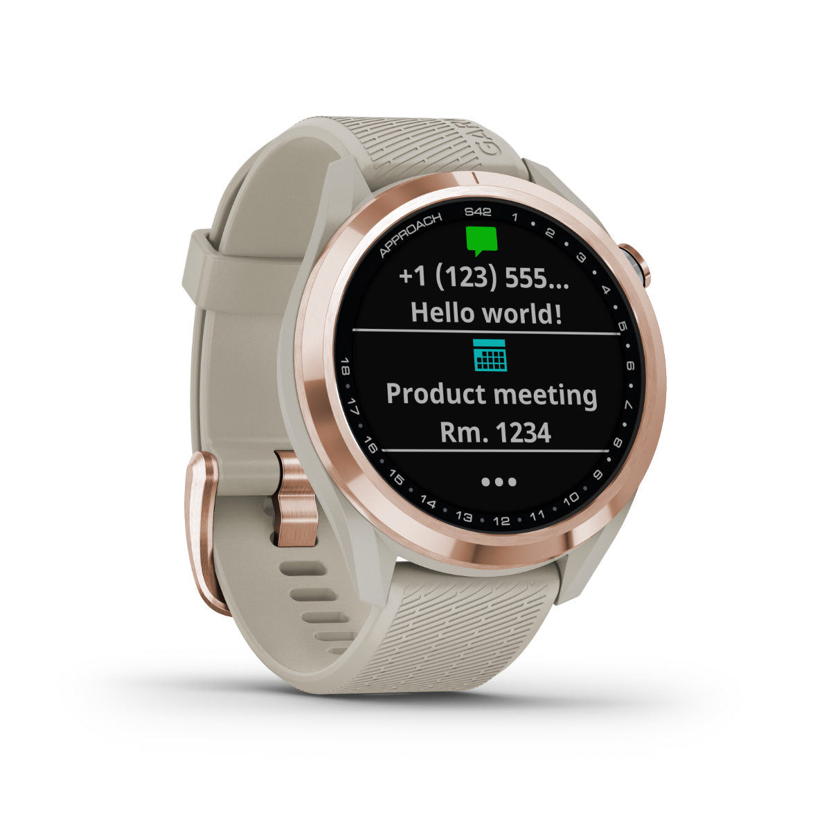 Garmin Approach S42 rose gold smartwatch with light sand band, golf GPS & rangefinder.