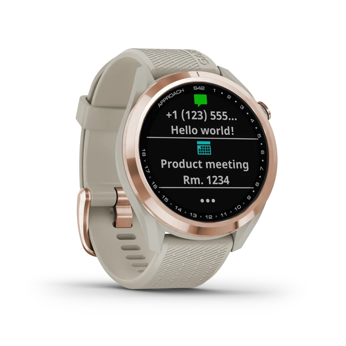 Garmin Approach S42 rose-gold golf GPS smartwatch with beige strap, certified refurbished