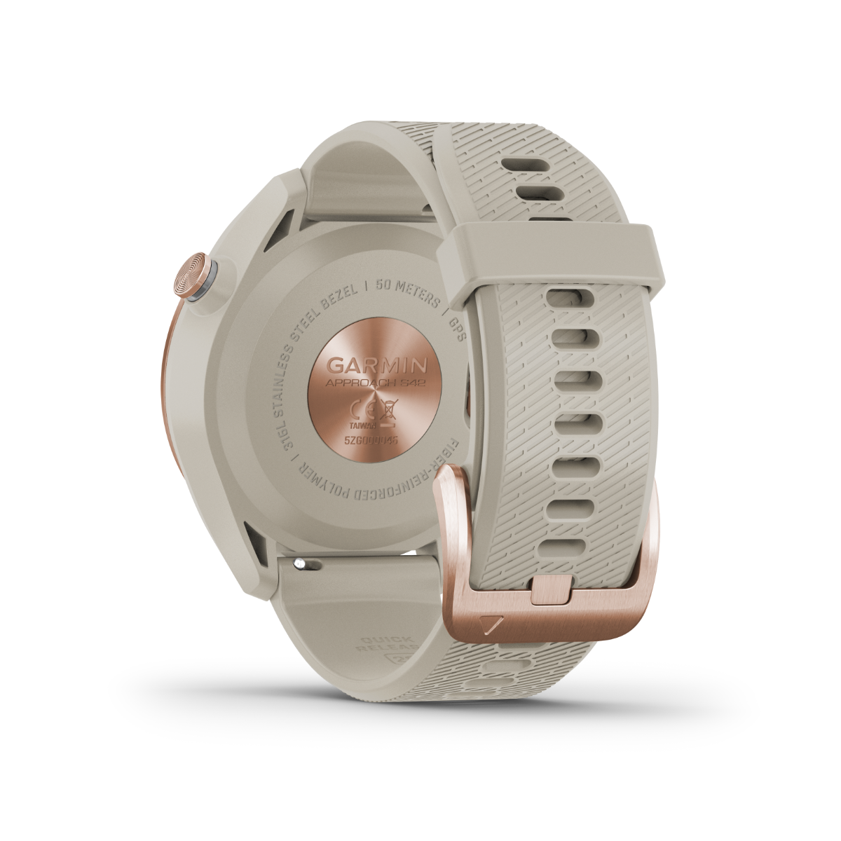 Garmin Approach S42 golf GPS smartwatch in rose gold with beige strap, certified refurbished