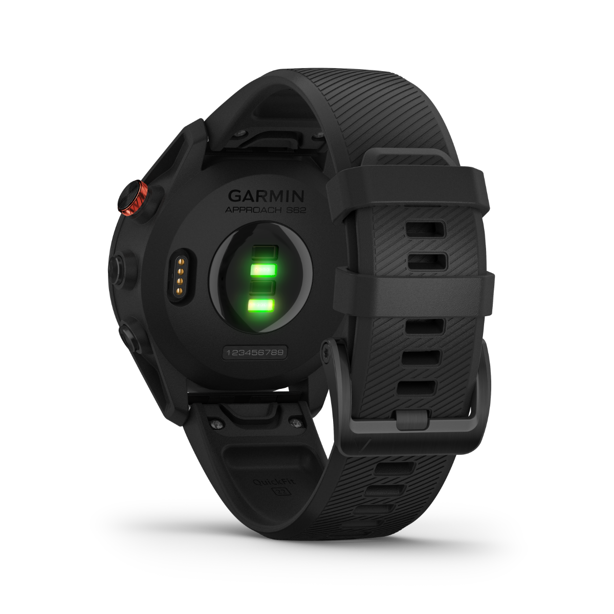 Garmin Approach S62 black golf GPS smartwatch back view with green optical HR sensors