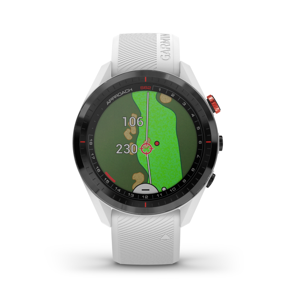 Garmin Approach S62 golf GPS smartwatch with white band and rangefinder, refurbished
