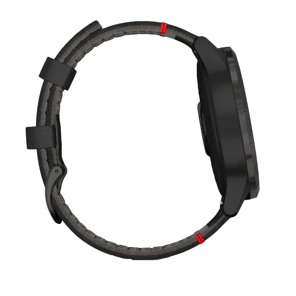 Garmin Legacy Saga Darth Vader GPS smartwatch, black bezel, textured band, certified refurbished.