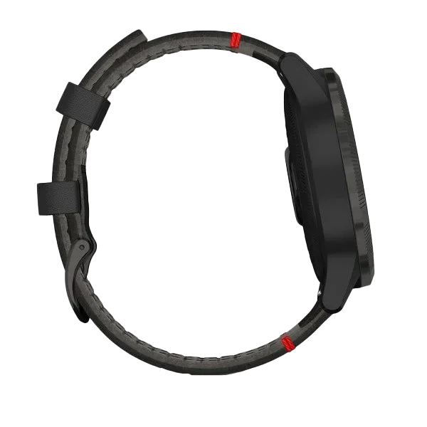Garmin Legacy Saga Darth Vader GPS smartwatch, black bezel, textured band, certified refurbished.