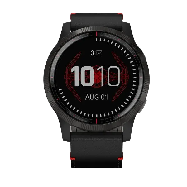 Garmin Legacy Saga Darth Vader GPS smartwatch, certified refurbished, black leather strap with red stitching