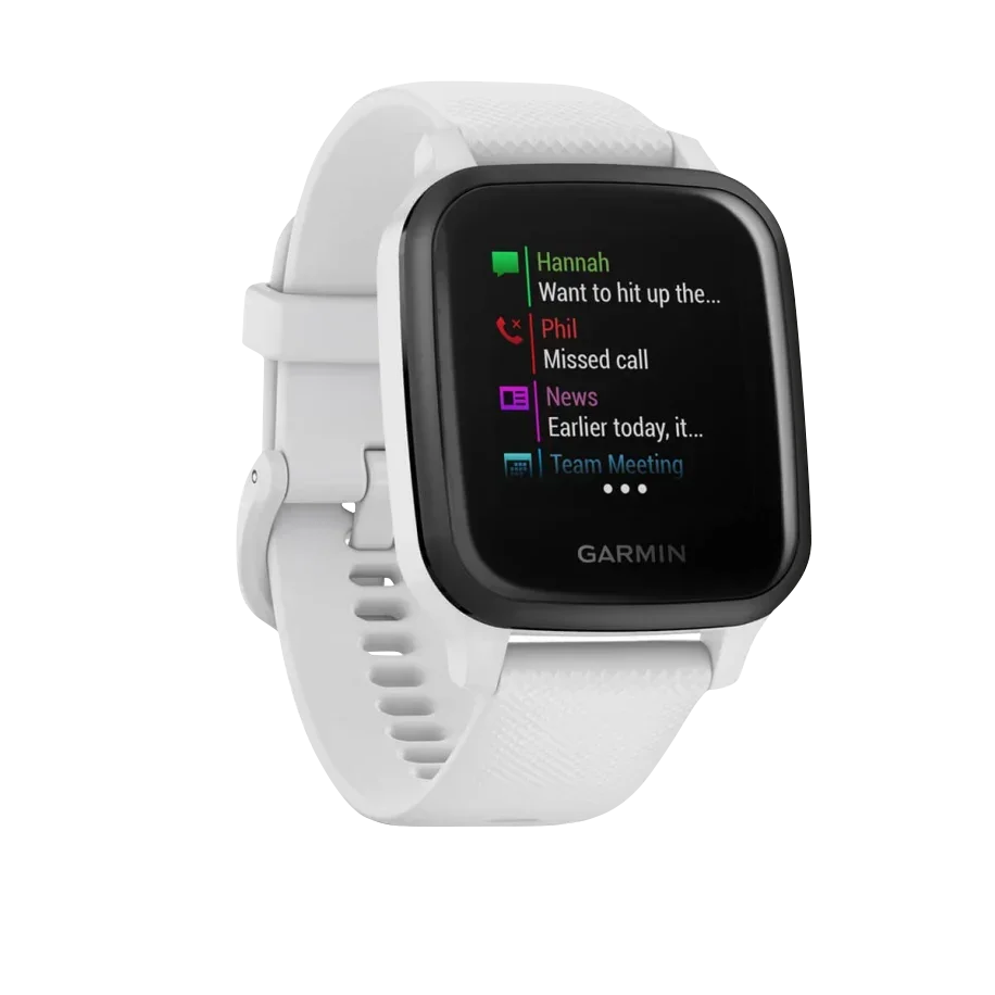 Garmin Venu Sq Music smartwatch, slate bezel with white band, refurbished