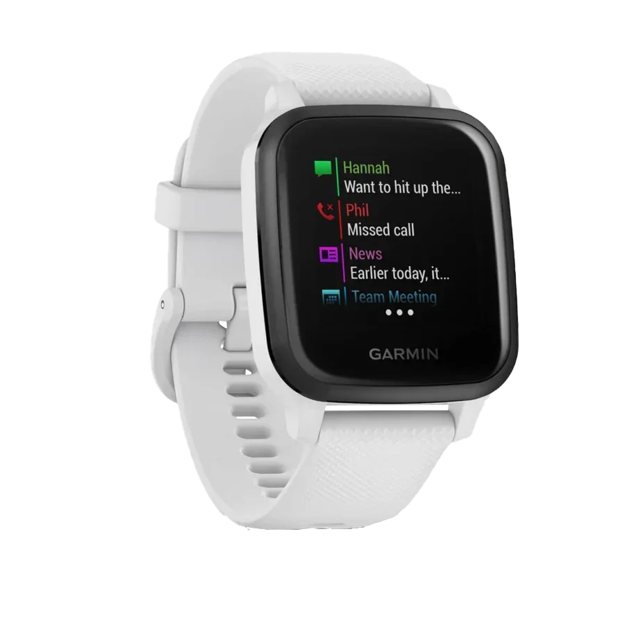 Garmin Venu Sq Music GPS smartwatch with slate aluminum bezel, white case and silicone band