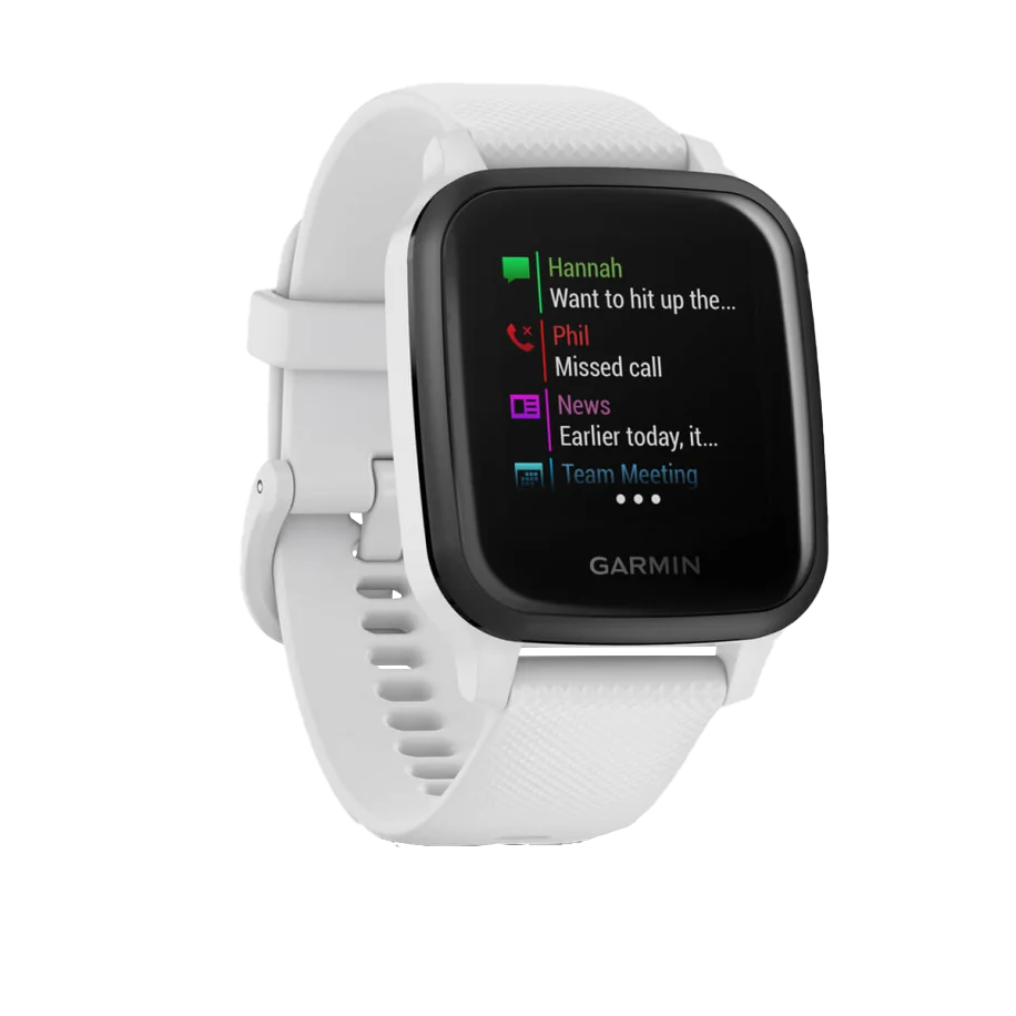 Garmin Venu Sq Music GPS smartwatch with slate aluminum bezel, white case and silicone band