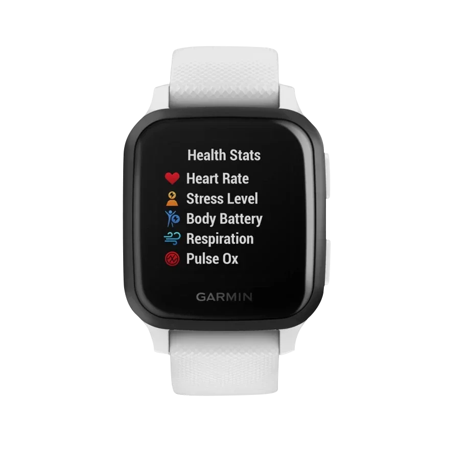 Garmin Venu Sq Music smartwatch with slate bezel and white band, Garmin Certified Refurbished.