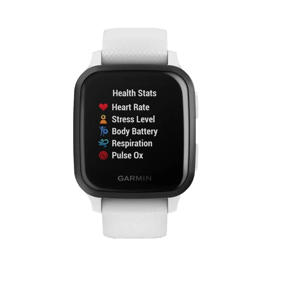 Garmin Venu Sq Music GPS smartwatch with slate aluminum bezel and white silicone band.