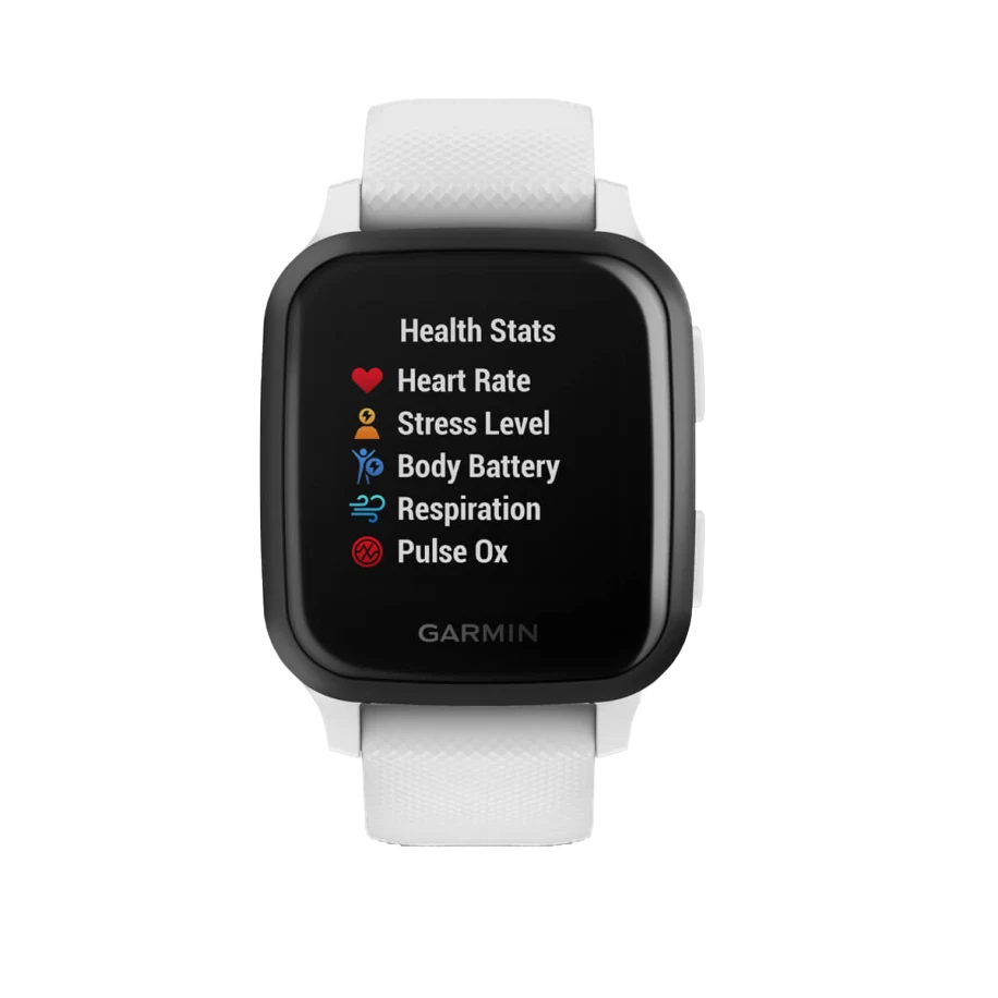 Garmin Venu Sq Music GPS smartwatch with slate aluminum bezel and white silicone band.