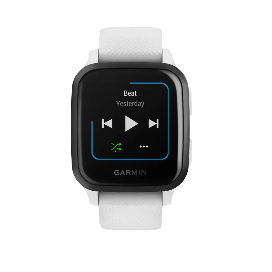 Garmin Venu Sq Music smartwatch with slate aluminum bezel, white case and silicone band