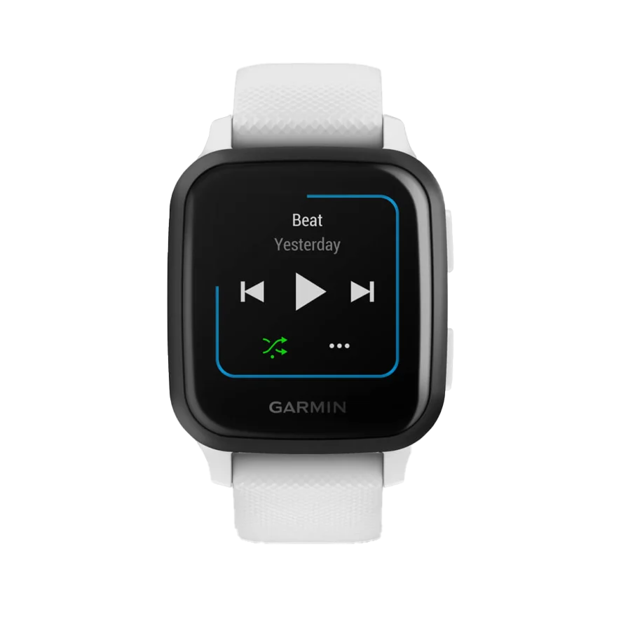 Garmin Venu Sq Music smartwatch with slate aluminum bezel, white case and silicone band