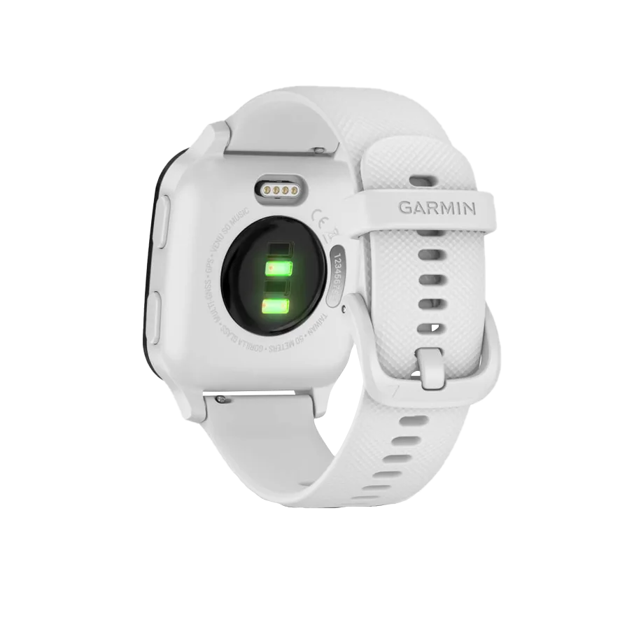 Garmin Venu Sq Music GPS smartwatch with slate aluminum bezel, white case and silicone band