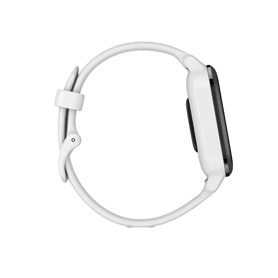 Garmin Venu Sq Music GPS smartwatch with slate aluminum bezel, white case and silicone band