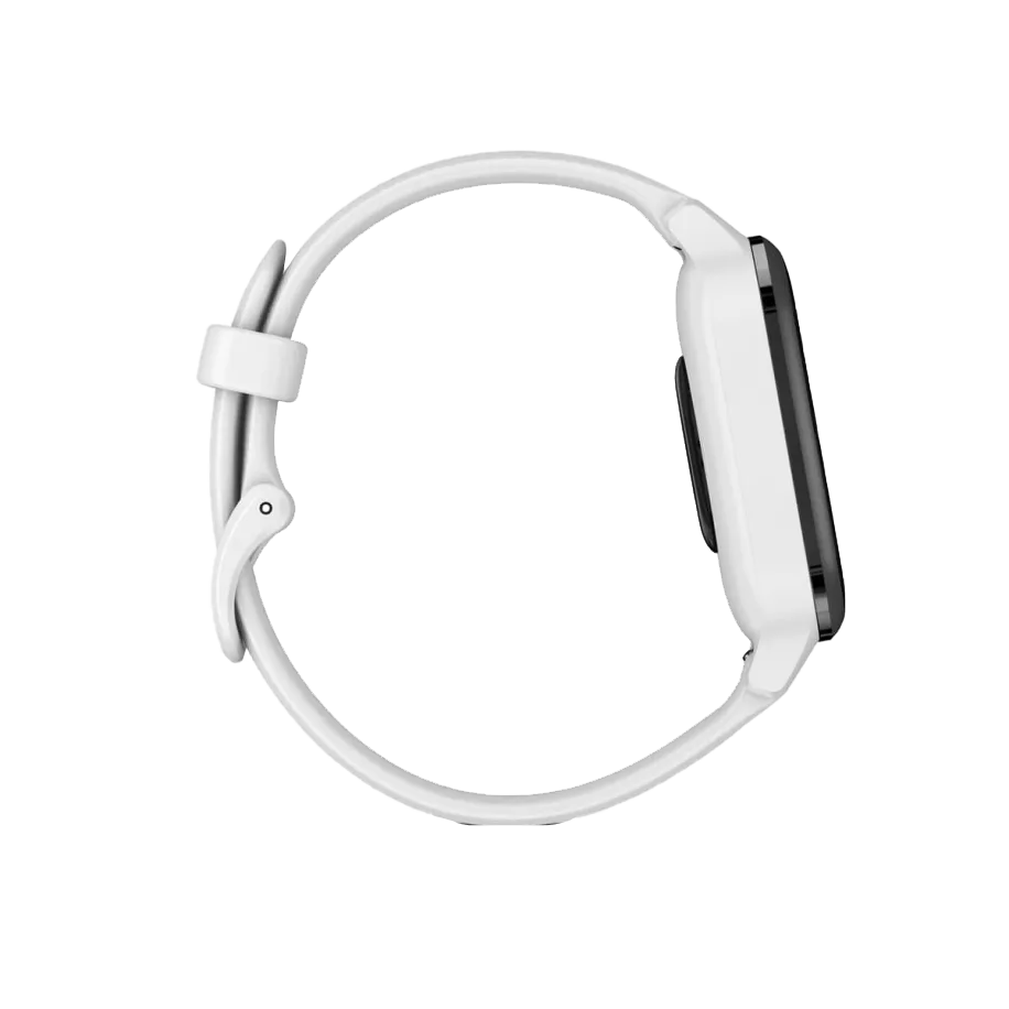 Garmin Venu Sq Music GPS smartwatch with slate aluminum bezel, white case and silicone band