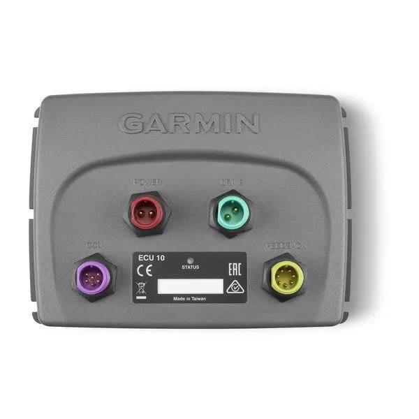 Garmin ECU 10 marine fish finder mount with four colored connectors: red power, teal, purple, yellow