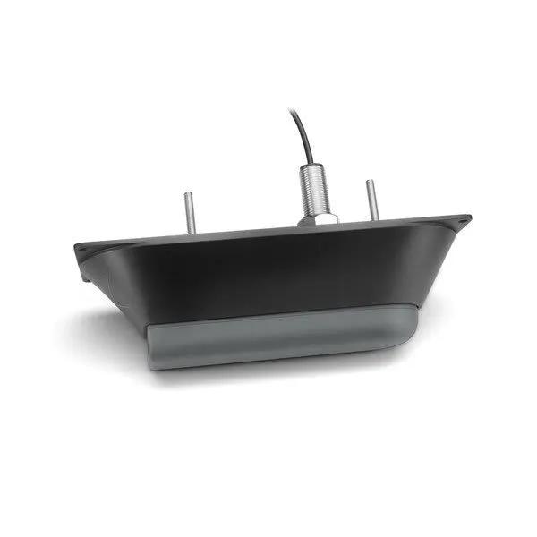 Garmin GT51M-TH transducer with black housing and gray fairing for fish finder systems.