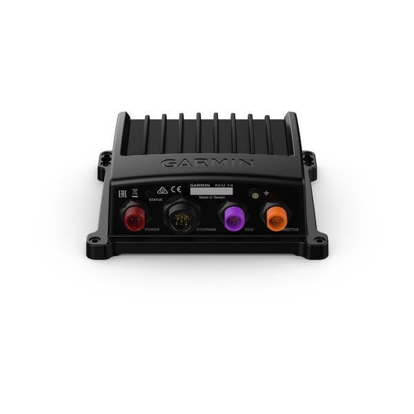 Garmin ECU 14 transducer unit with black housing and red power, purple and orange ports