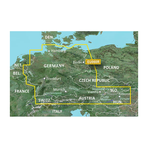Garmin Germany Lakes and Rivers BlueChart g3 map card HXEU060R for microSD/SD, shown with a yellow boundary on the map.
