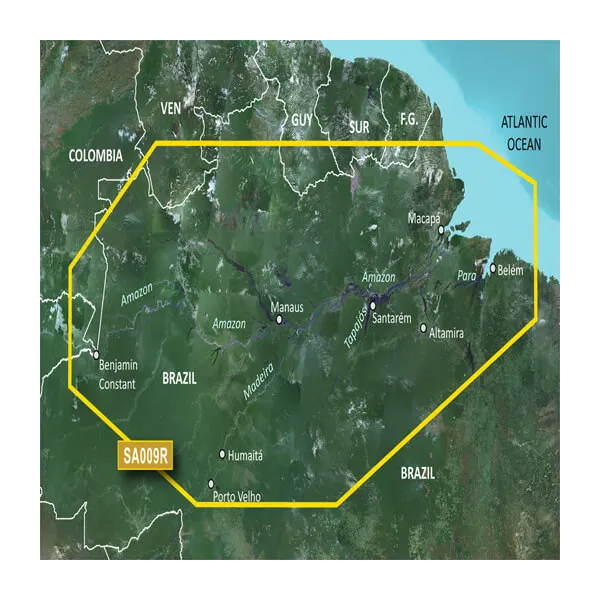 Garmin South America BlueChart g3 Vision map card for the Amazon region, VSA009R microSD/SD, with a yellow boundary outline.