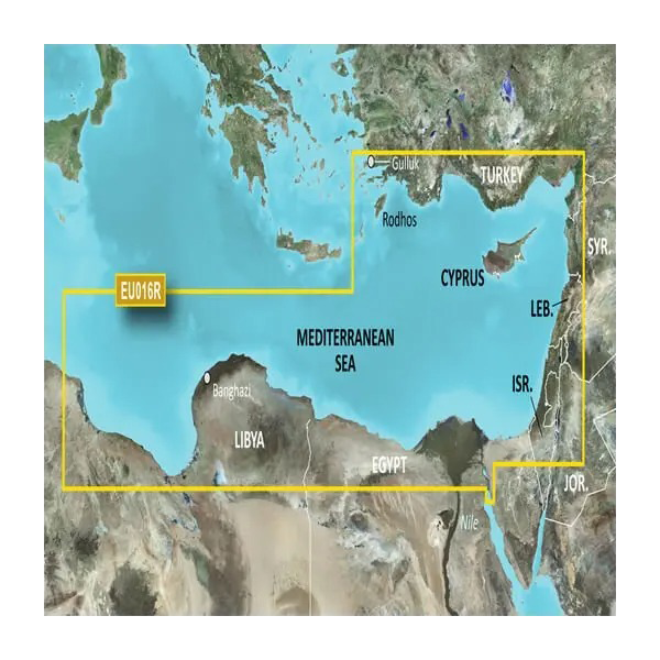 Garmin Mediterranean Southeast BlueChart g3 Vision map card microSD/SD with yellow-framed regional map