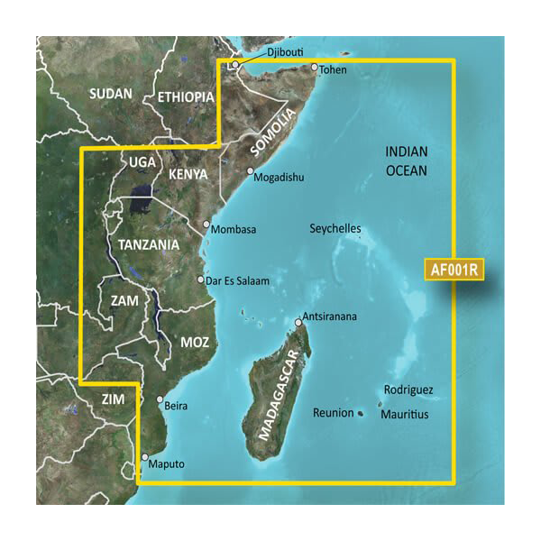 Garmin Africa BlueChart g3 map card for Eastern Coastal and Inland Charts with AF001R label