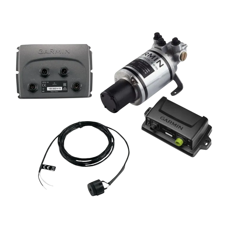 Garmin Compact Reactor 40 hydraulic autopilot starter pack; four parts: control box, actuator, control unit, wiring.