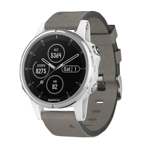 Garmin Fenix 5S Plus Sapphire smartwatch with white case and gray suede strap