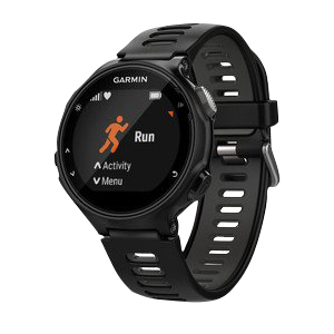 Garmin Forerunner 735XT smartwatch in black and gray with running activity on display