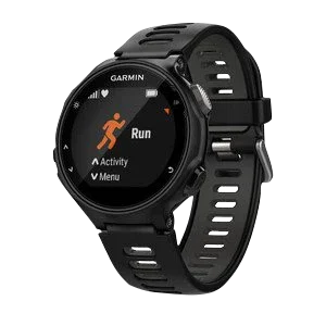 Garmin Forerunner 735XT smartwatch in black and gray with running activity on display