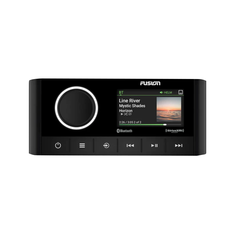Garmin Fusion Apollo MS-RA670 marine stereo with DSP, black unit featuring a round volume knob and display