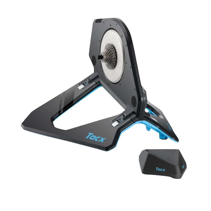 Tacx NEO 2T Smart Trainer with blue-accent frame, cassette visible, and front-wheel support